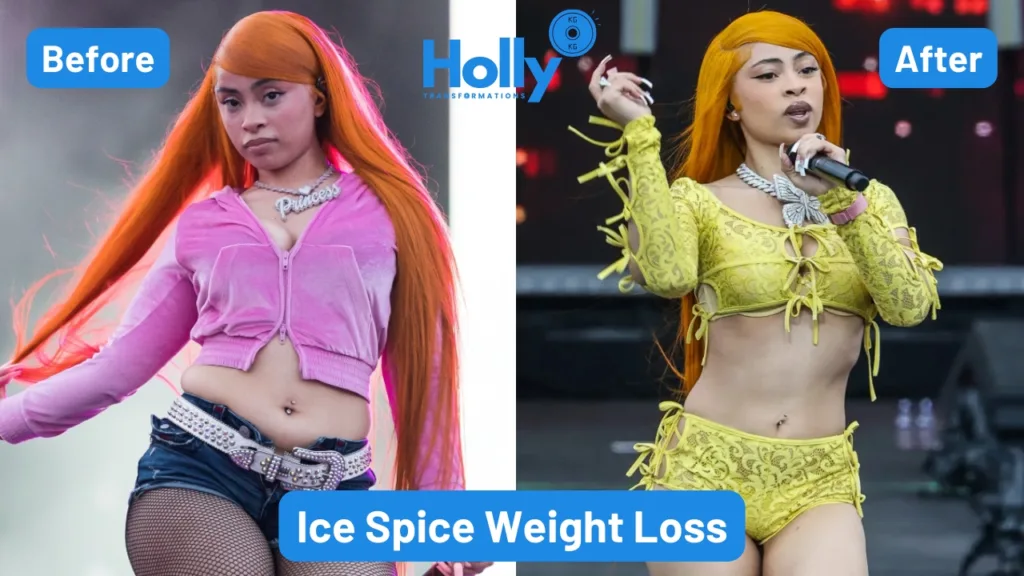 Ice Spice Weight Loss Transformation Before and After. In the left image we can see the fat stored on Ice Spice's belly but in the right image the fat is gone.