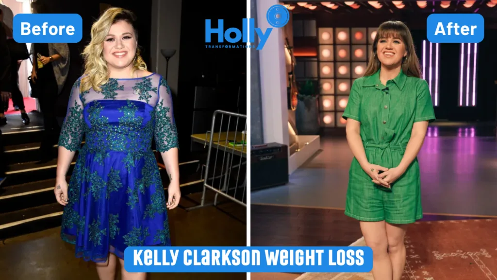 Kelly Clarkson Weight Loss Transformation Before and After Image. In the left image she is fat and in the right she if fit.