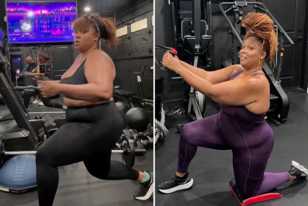 This image shows lizzo exercising in the gym